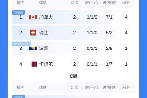 积分榜第二轮：阿根廷、德国居首，比利时、克罗地亚等队位列第三