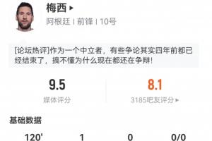 梅西全场表现优异：评分9.5分，射正、成功传中、过人、对抗均领先全场