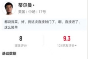 蒂尔曼2射1正1进球+1关键助攻 15次对抗9成功+6次长传1次成功 获8分最高