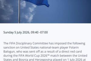 官方宣布：美国球员巴洛贡可对阵比利时参赛，红牌禁赛处分延期至一年后执行